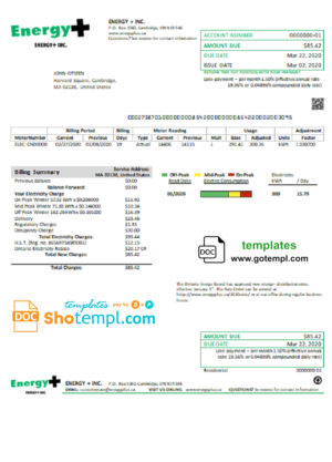 editable template, USA Massachusetts Energy Plus electricity utility bill template in Word and PDF format