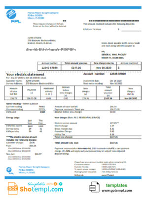 editable template, USA Florida Power & Light Company (FPL) electricity utility bill template in Word and PDF format