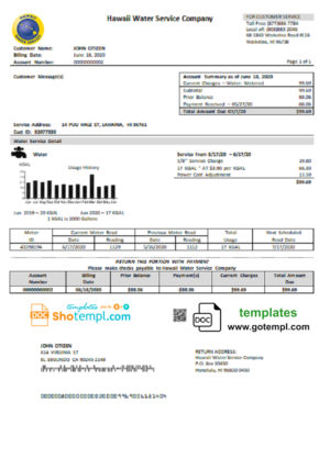 editable template, USA Hawaii Water Service Company utility bill template in Word and PDF (.doc and .pdf) format