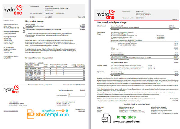editable template, USA Ontario's Hydro One electricity utility bill template in Word and PDF format (2 pages)