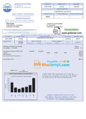 editable template, USA Lakewood Water District utility bill template in Word and PDF format