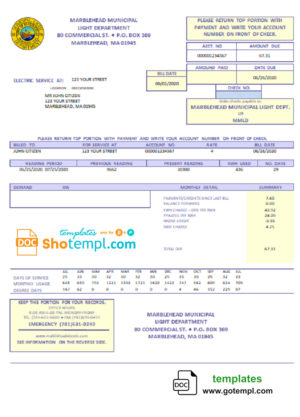 editable template, USA Marblehead Municipal Light Department utility bill template in Word and PDF format