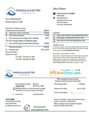 editable template, USA Montana Missoula Electric Cooperative electricity utility bill template in Word and PDF format