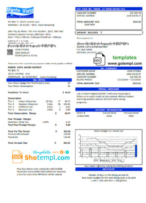 editable template, USA California Monte Vista Water District utility bill template in Word and PDF format