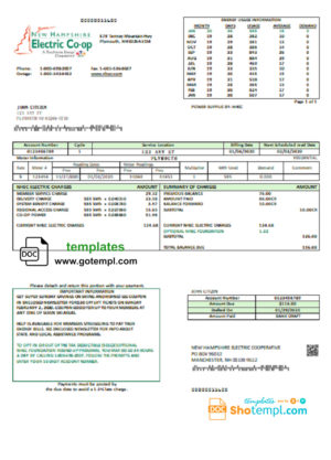 editable template, USA New Hampshire Electric Co-op electricity utility bill template in Word and PDF format