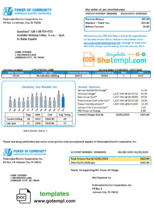 editable template, USA Texas Power of Community electricity utility bill in Word and PDF format, good for address prove