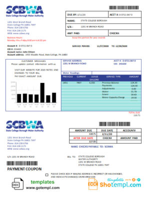 editable template, USA Pennsylvania SCBWA water utility bill template in Word and PDF format
