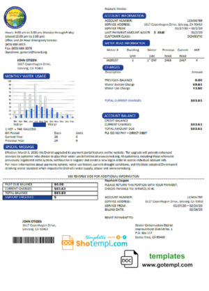 editable template, USA California Santa Ynez water utility bill template in Word and PDF format