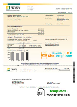editable template, USA Southern California Edison utility bill template in Word and PDF format