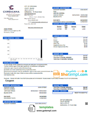 editable template, USA Texas City of Corsicana utility bill template in Word and PDF format