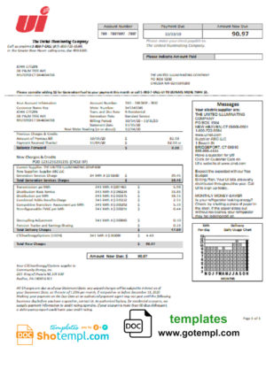 editable template, USA Connecticut The United Illuminating Company electricity utility bill template in Word and PDF format