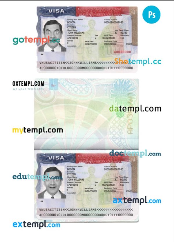 editable template, USA Tourist Visa template in PSD format, fully editable