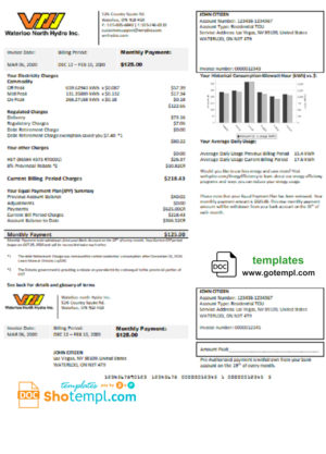 editable template, USA Nevada Waterloo North Hydro utility bill template in Word and PDF format