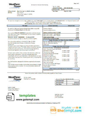 editable template, USA Pennsylvania West Penn Power utility bill template in Word and PDF format