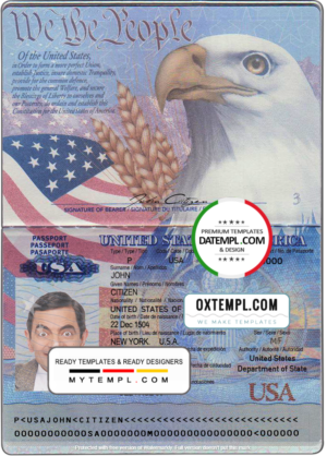 editable template, USA passport template in PSD format, fully editable, with all fonts