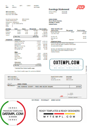 editable template, USA ADP Earnings statement template in Word and PDF format