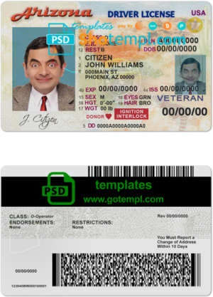 editable template, USA Arizona driving license template in PSD format