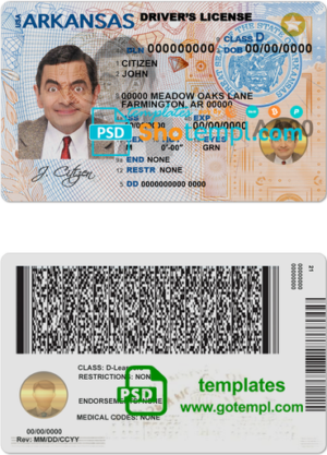 editable template, USA Arkansas driving license template in PSD format, with the fonts