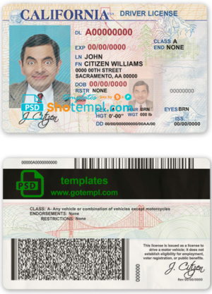 editable template, USA state California driver license template in PSD format