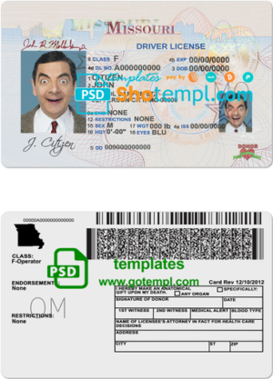 editable template, USA Missouri driving license template in PSD format, with the fonts