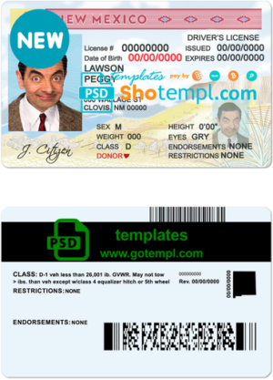 editable template, USA State New Mexico driving license template in PSD format