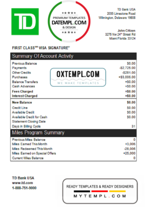 editable template, USA TD bank credit card statement template in Word and PDF format