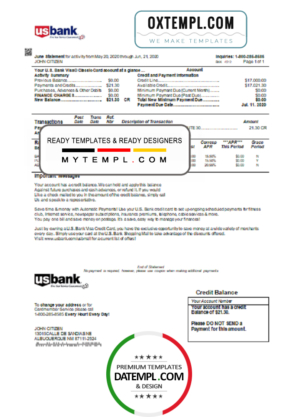 editable template, USA U.S. bank credit card statement template in Word and PDF format