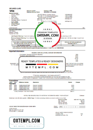 editable template, USA Wells Fargo bank credit card statement template in Word and PDF format