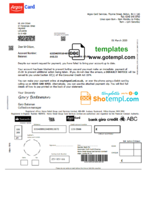 editable template, United Kingdom Argos Card bank payment reference proof of address template in Word and PDF format
