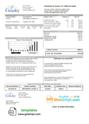 editable template, USA Colorado City of Greeley water utility bill template in Word and PDF format
