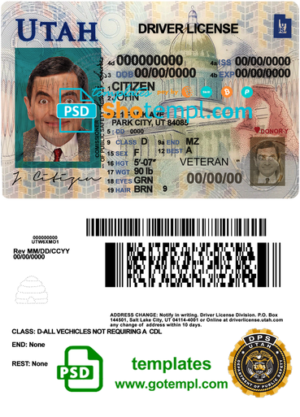 editable template, USA Utah driving license template in PSD format
