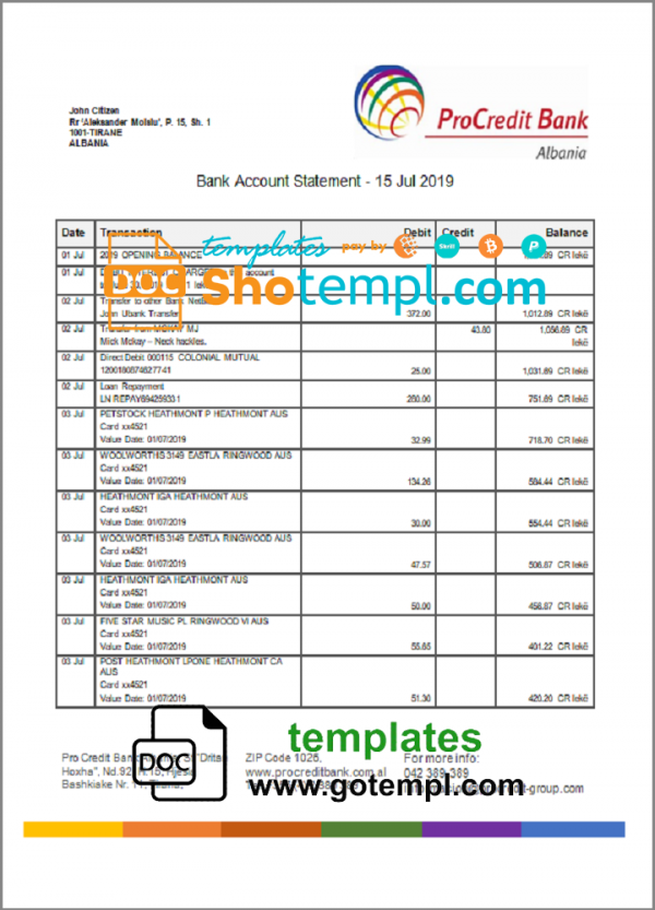editable template, Albania ProCreditBank proof of address bank statement Word and PDF template, .doc and .pdf format