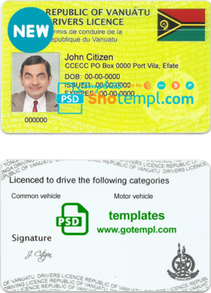 editable template, Vanuatu driving license template in PSD format, fully editable, with all fonts