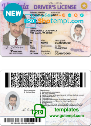 editable template, USA Virgina driving license template in PSD format