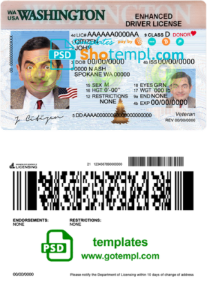 editable template, USA Washington driving license template in PSD format