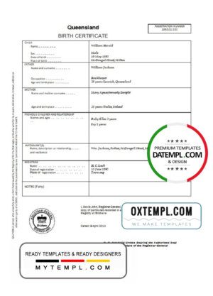 editable template, Australia Queensland birth certificate template in Word format