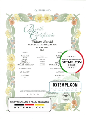 editable template, Australia Queensland decorative (commemorative) birth certificate template in PSD format, fully editable