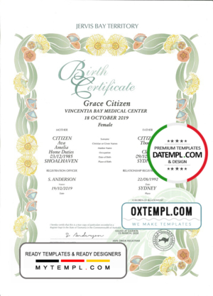 editable template, Australia Jervis Bay Territory decorative birth certificate template in PSD format, fully editable