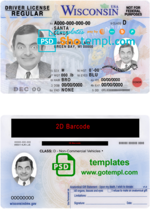 editable template, USA Wisconsin driving license template in PSD format