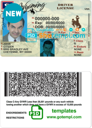 editable template, USA Wyoming state driving license template in PSD format, with all fonts