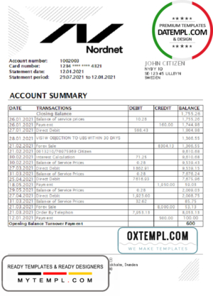 editable template, Sweden Nordnet AB bank statement easy to fill template in .xls and .pdf file format