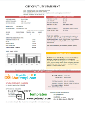 editable template, USA City of Utility Statement water utility bill template in Word and PDF format