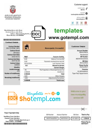 editable template, United Arab Emirates Abu Dhabi Municipality Service utility bill template in Word and PDF format