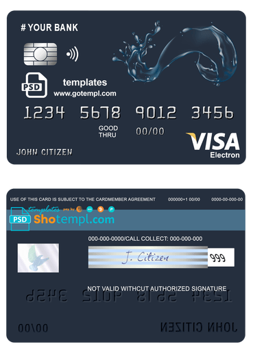 editable template, # action water universal multipurpose bank visa electron credit card template in PSD format, fully editable
