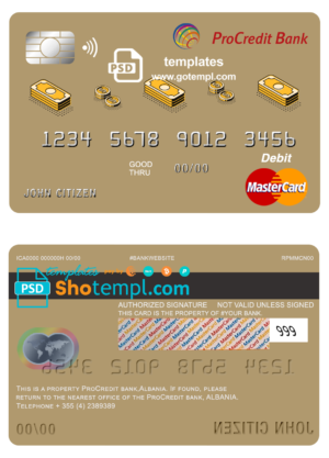 editable template, Albania ProCredit bank mastercard debit card template in PSD format, fully editable