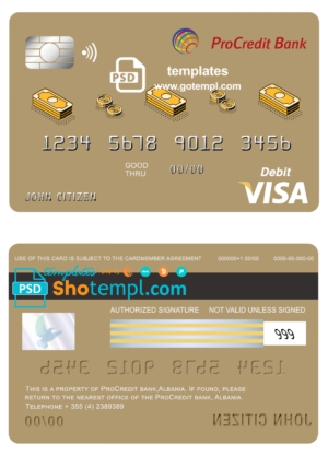 editable template, Albania ProCredit bank visa card debit card template in PSD format, fully editable