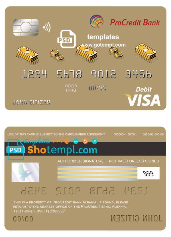 editable template, Albania ProCredit bank visa card debit card template in PSD format, fully editable