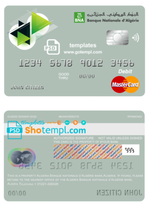 editable template, Algeria Banque nationale d’Algérie (BNA) bank mastercard debit card template in PSD format, fully editable
