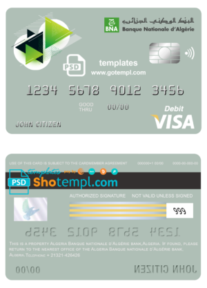 editable template, Algeria Banque nationale d’Algérie (BNA) bank visa card debit card template in PSD format, fully editable