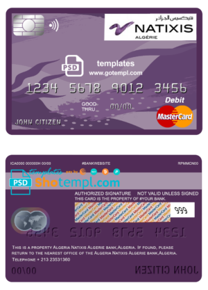 editable template, Algeria Natixis Algerie bank mastercard debit card template in PSD format, fully editable